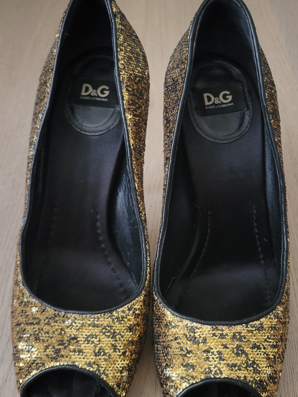 Dolce & Gabbana Gold Sequin Peep-Toe Heels